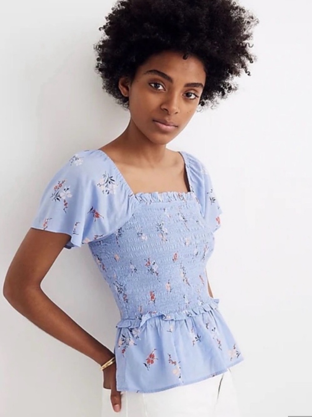 Madewell Light Blue Floral Shirred Peplum Top